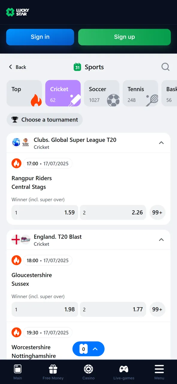 Place bets on cricket matches through the Lucky Star sports betting app.