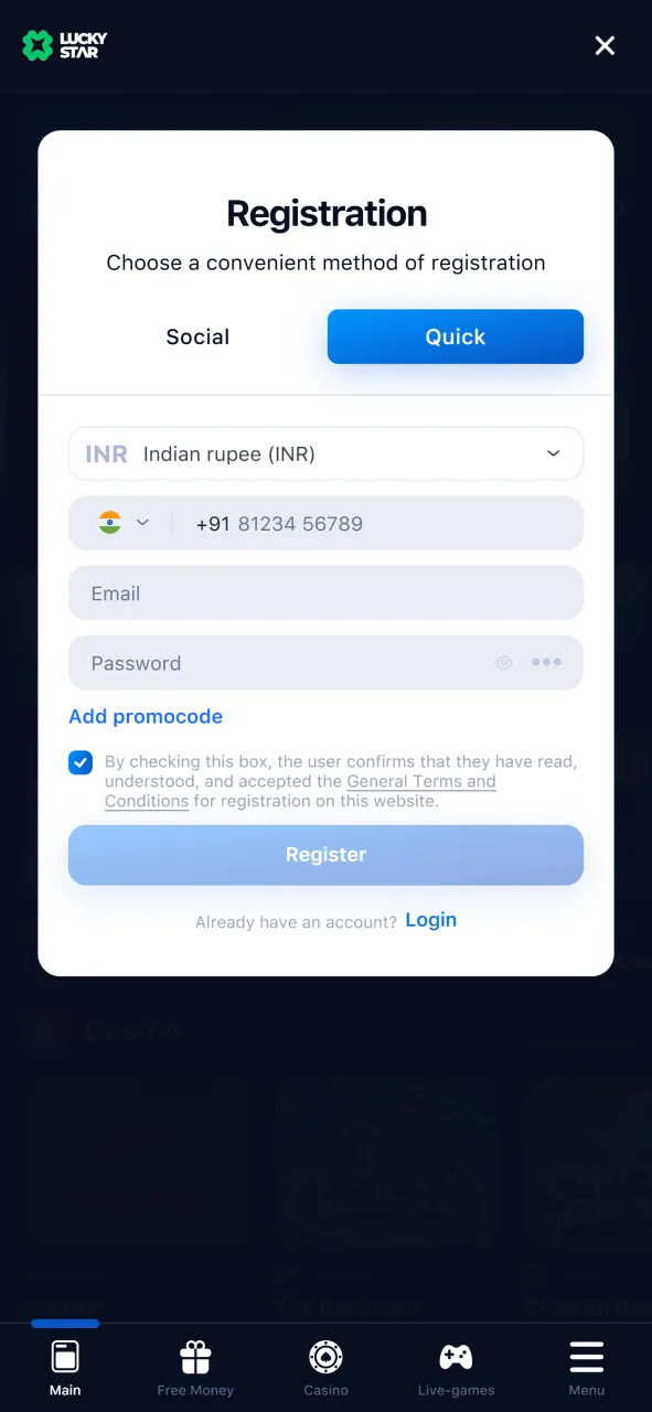 Register on the Lucky Star app to unlock full access to all features.
