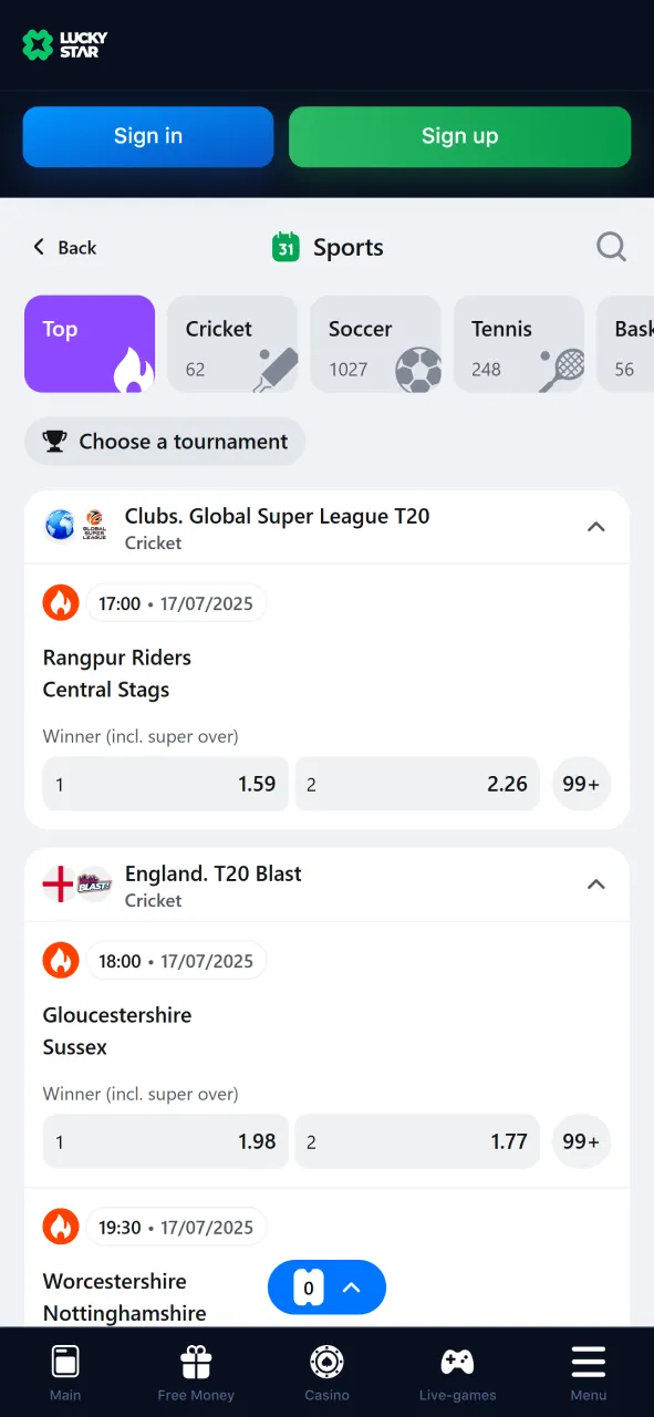 Explore exciting sports bets available through the Lucky Star mobile app.