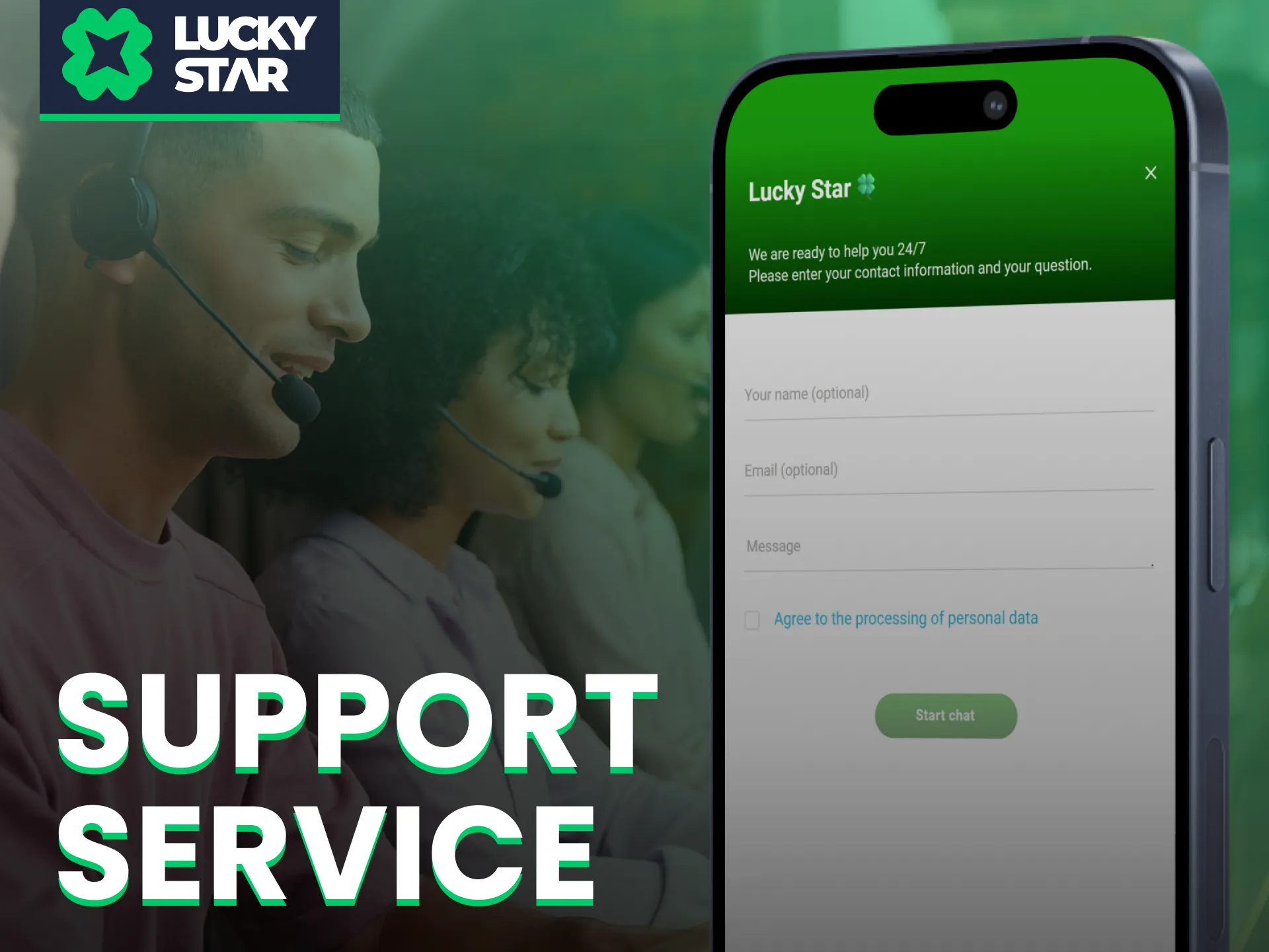 The Lucky Star app support team assists users through chat and email.