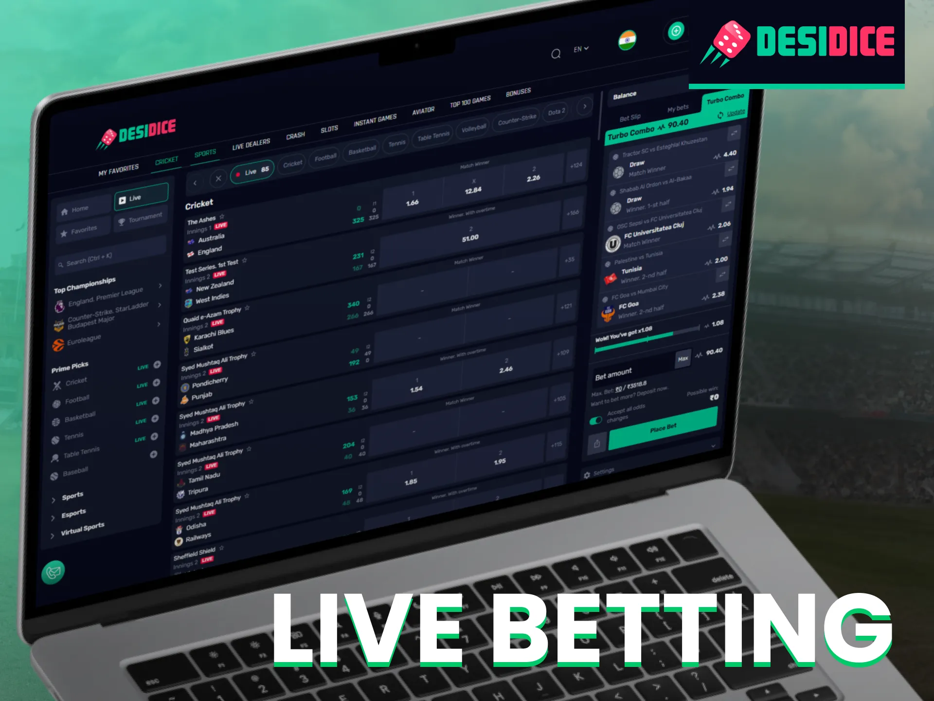 View all ongoing events and quickly updated odds in the Desidice live betting section.