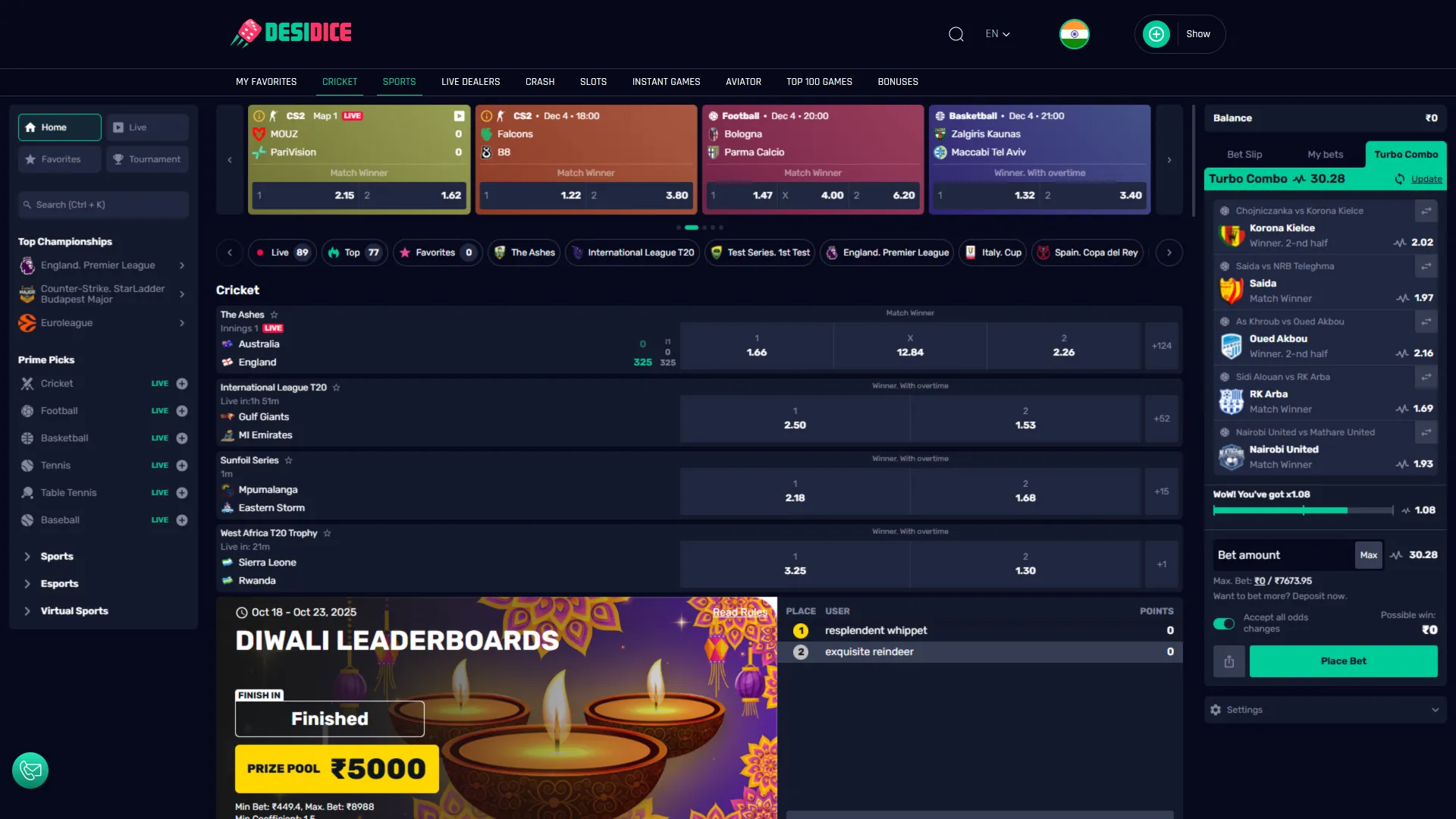 Place your bets on major sporting events in the Desidice Sports section.