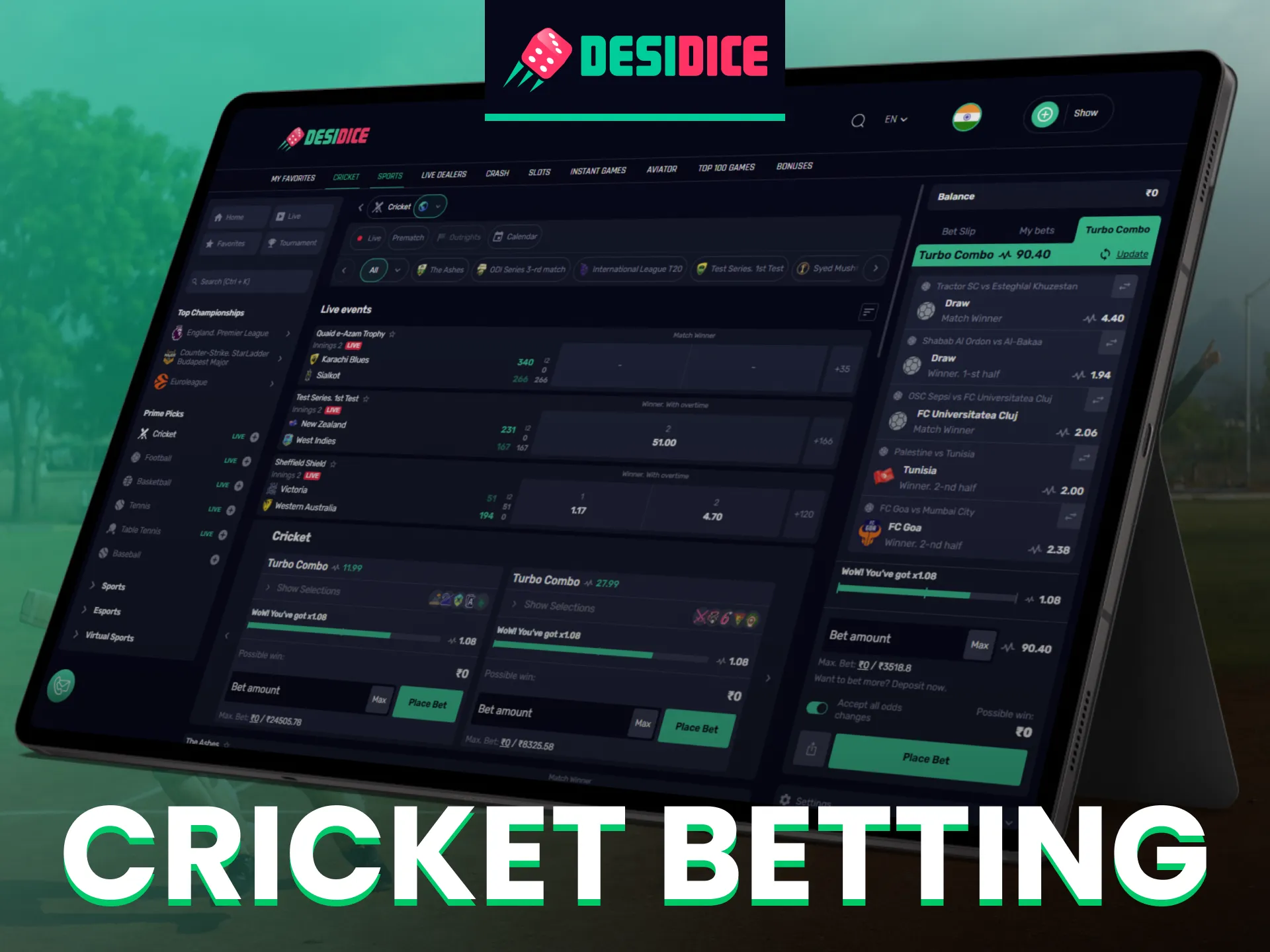 Bet on cricket fixtures including IPL and World Cup in the Desidice dedicated Cricket tab.
