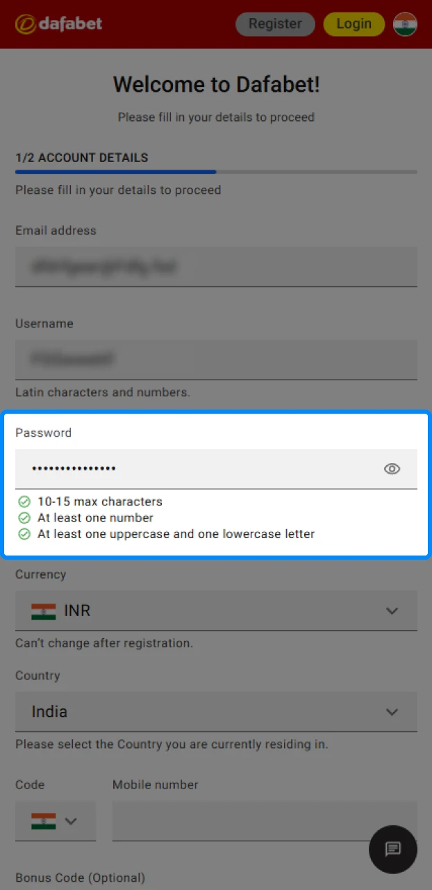 Creating a new account on a betting app by entering personal details and security credentials.
