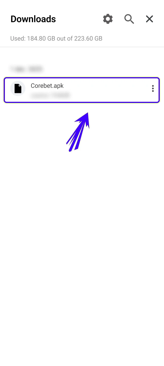 Find the downloaded Android file to continue the Crorebet App setup.