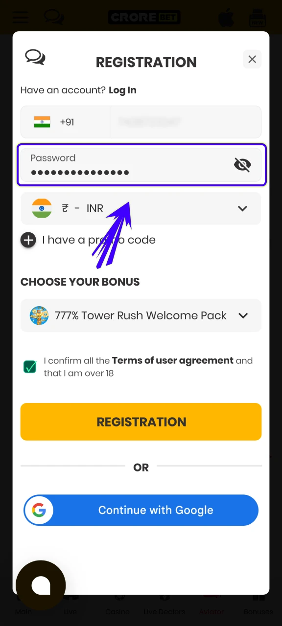 Create a secure password to register and protect your Crorebet App account.