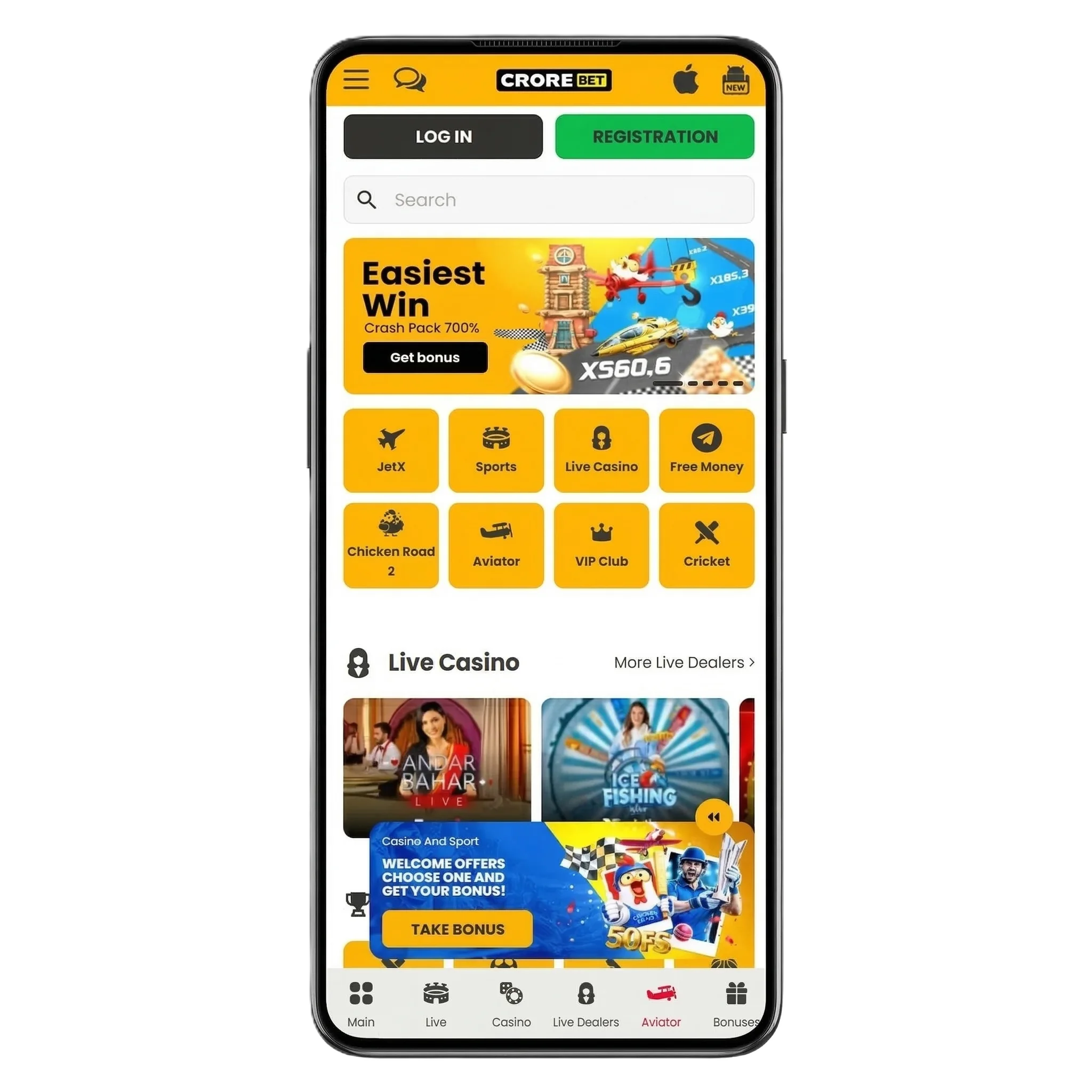 Crorebet app for android and iOS.