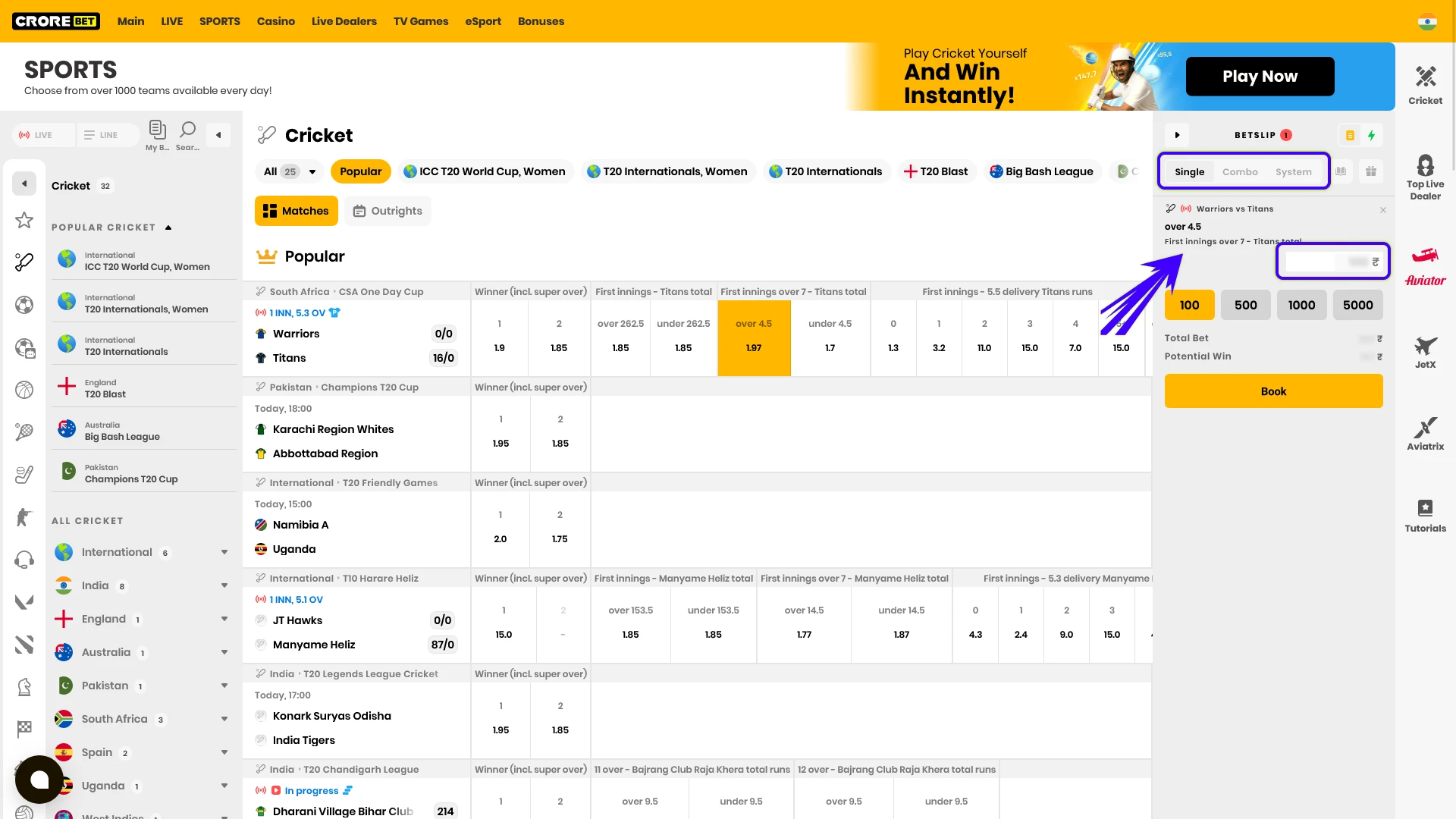 Enter your preferred Bet stake amount to play at Crorebet.