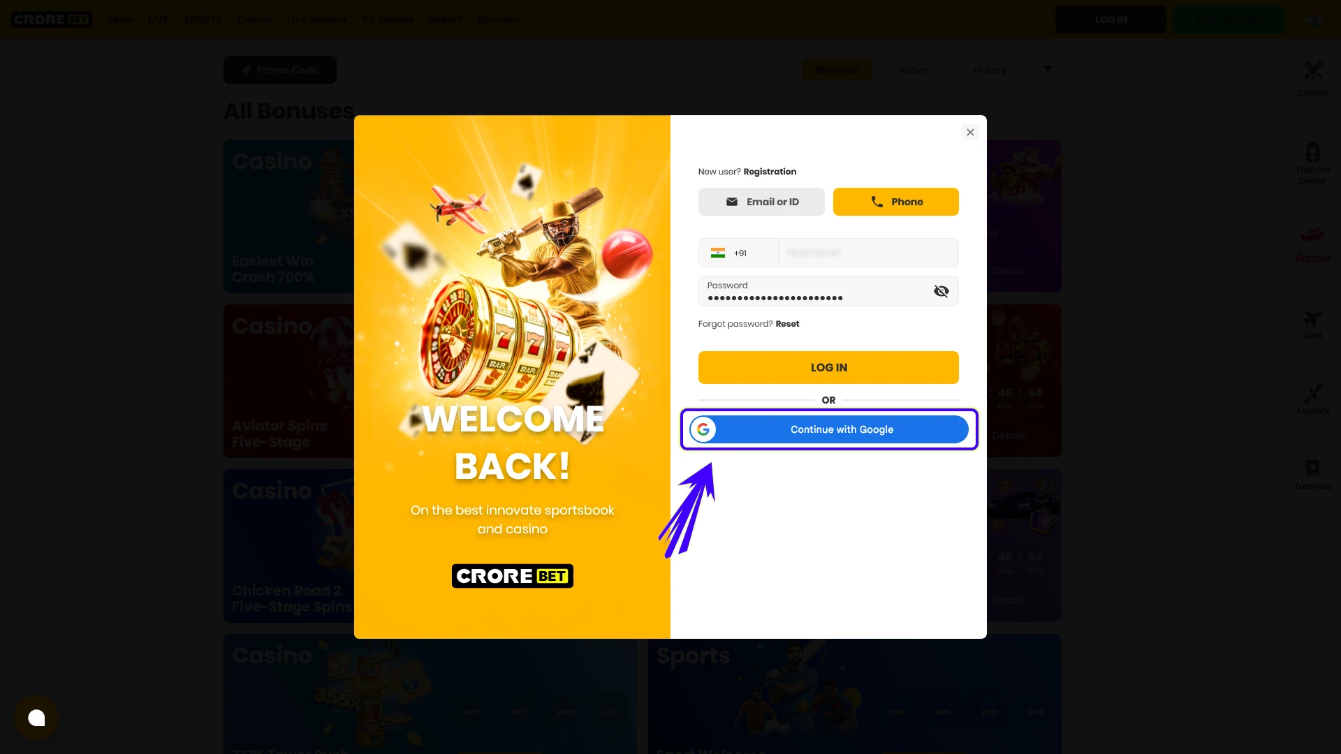 Login faster to your Crorebet account in India.