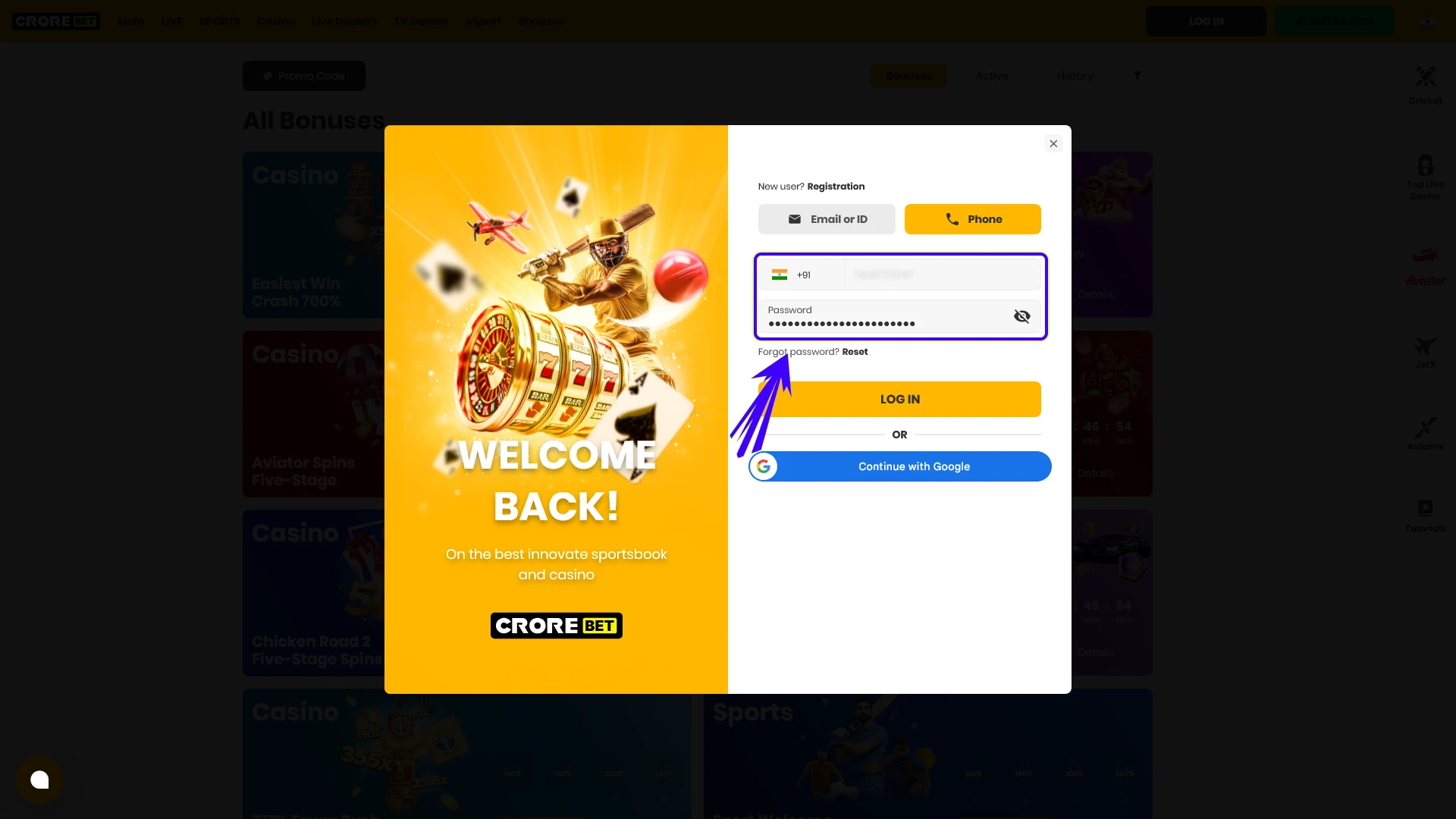 Enter your credentials to complete the login process at the Crorebet.