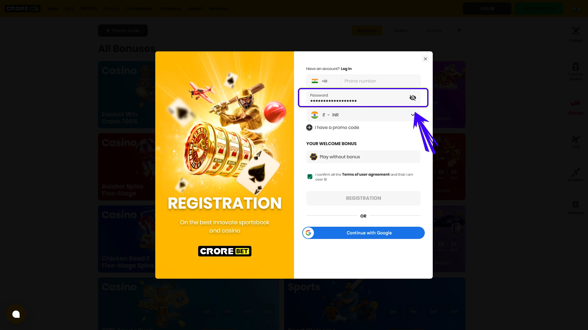 Secure your profile on Crorebet with a unique password.