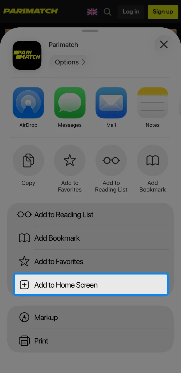 Adding an IPL betting site to the iOS home screen by selecting "Add to Home Screen" in the Safari share menu.