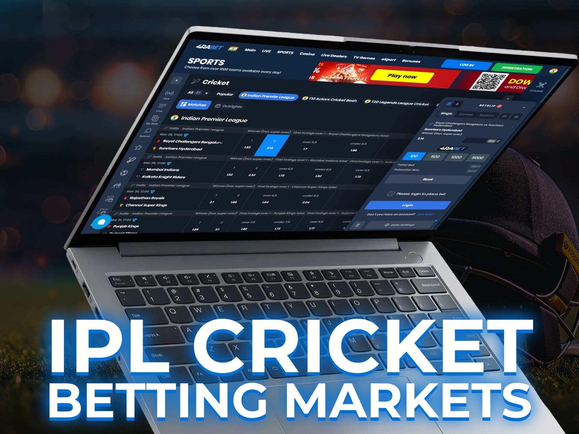 A digital interface displaying various IPL betting markets, including match winner, top batsman, and total sixes, with live odds updated for the 2026 season.