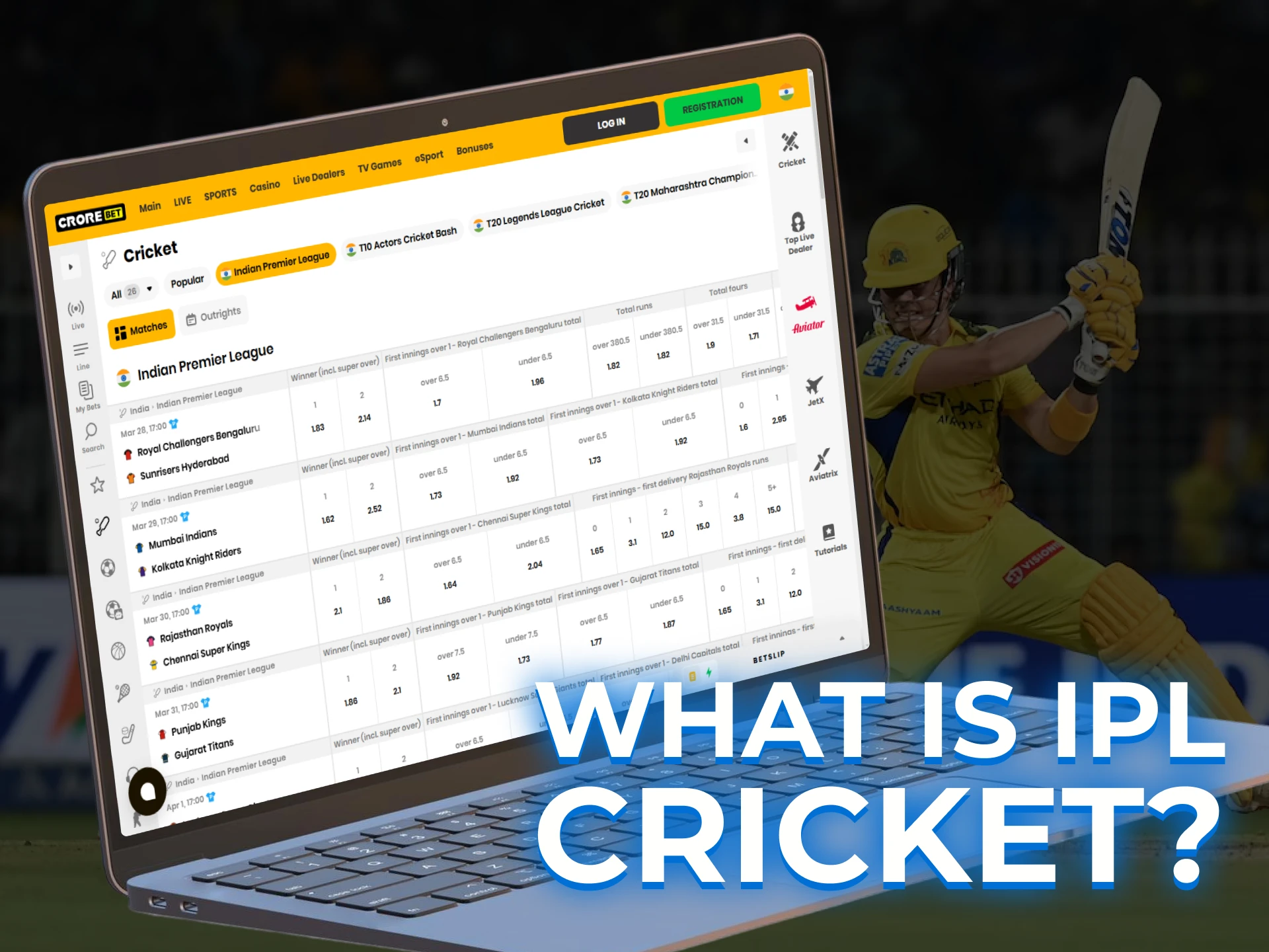 An online platform or mobile application where users can place wagers on Indian Premier League (IPL) cricket matches, featuring live odds, match markets, and betting options for the 2026 season.