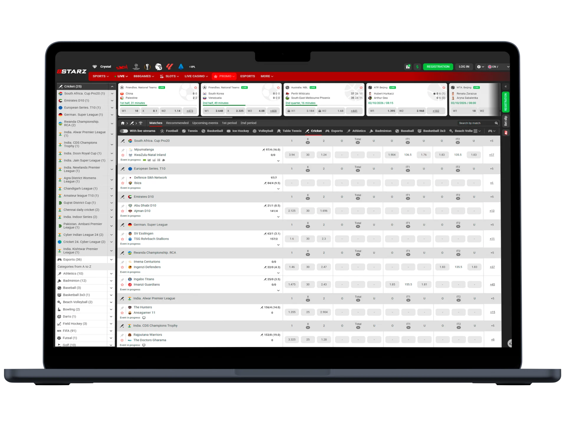 888starz cricket betting section with pre-match and live odds.